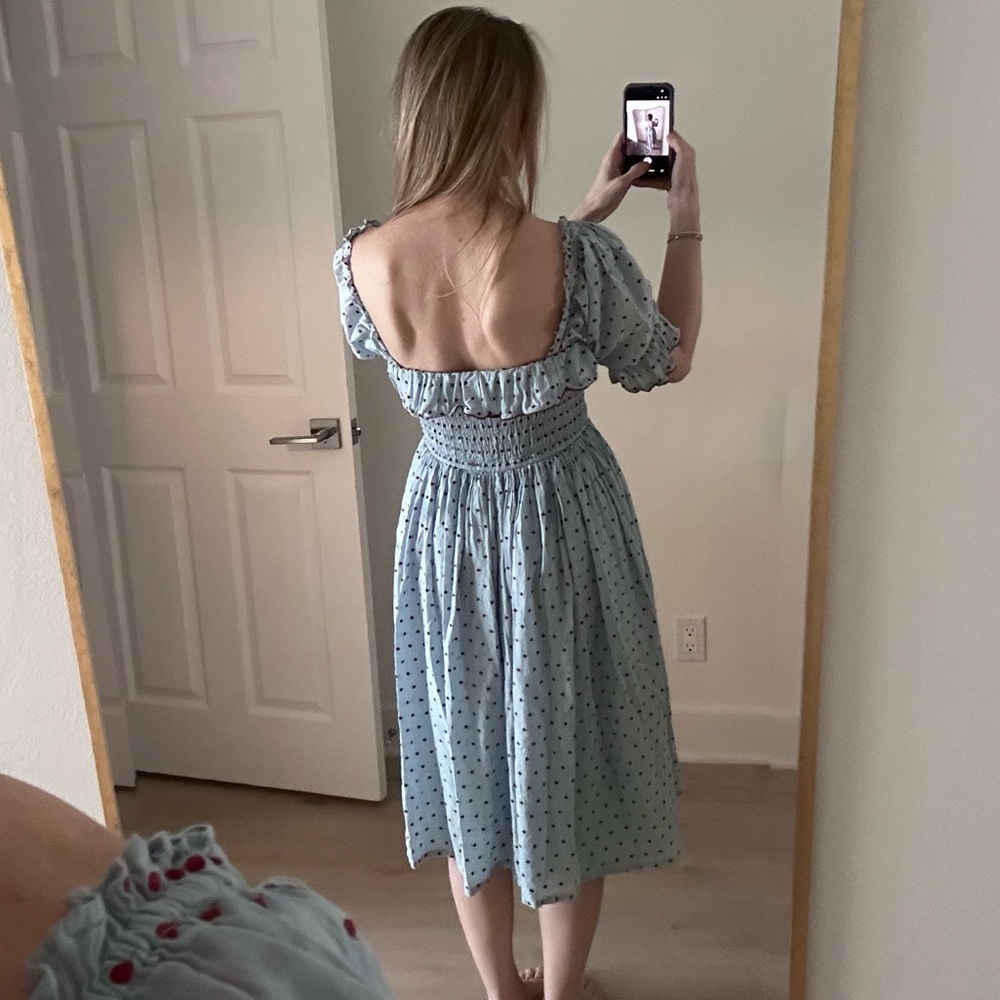 DOEN Sol Dress Blue Red Polka Dot Ruffle Midi Maxi - Picture 8 of 9